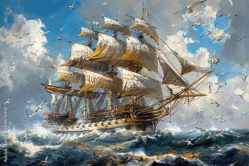 Poster a large ship sails in the ocean with a flock of seagulls flying in the backgroun
