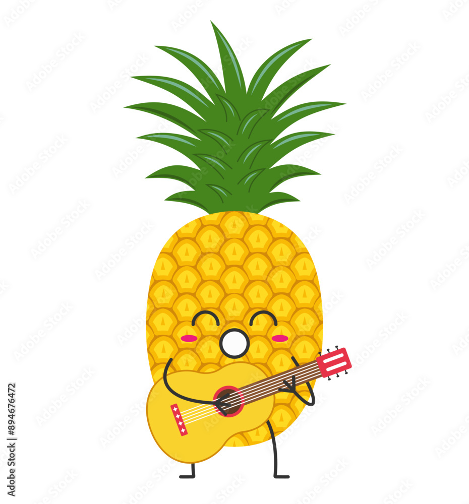 Poster pineapple fruit cute character cartoon plays the guitar sings face cheerful kawaii happy emotions ic