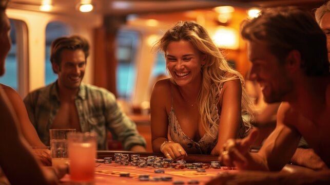 Group of friends playing a lively game of trivia in the ocean liner's game room, their competitive spirit and shared knowledge adding a touch of excitement to their evening