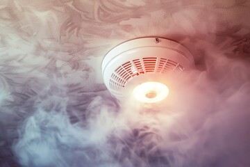 Fire Alarm, Smoke Detector, Fire Detector in Action. Safety Device Installed at Ceiling. Smart Home Security System in Hotel, Apartment Room, Office. For Service Engineering Company Site, Advertising.