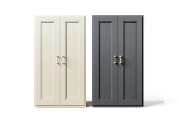 Cabinet door samples in market in a row. Gray and beige Kitchen wooden cabinet door, brass handles, furniture isolated on white. Chic look in the room. Trendy interior units. Home improvement concept.