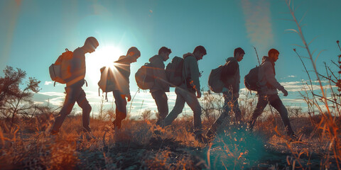 Young migrants men walking along the border