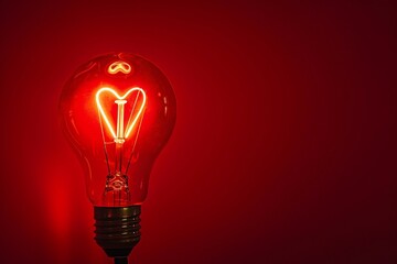 Glowing Light Bulb with Heart-Shaped Filament on a Vibrant Red Background, Symbolizing Love and Creativity. Generative AI