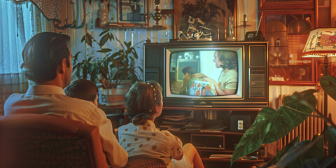 Old vintage photo of a family watching TV at home