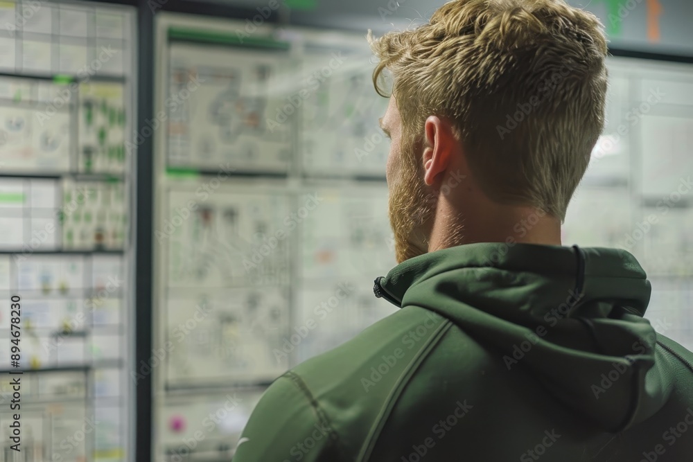 Poster a man with a beard looking at a computer monitor