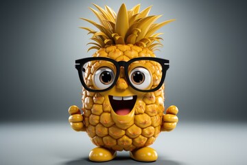 Fruit cartoon character pineapple with goggles and isolated eyes in the white ba, generative IA