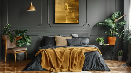 Gold and black poster on grey wall above bed in a bedroom with plants and chair. Real photo