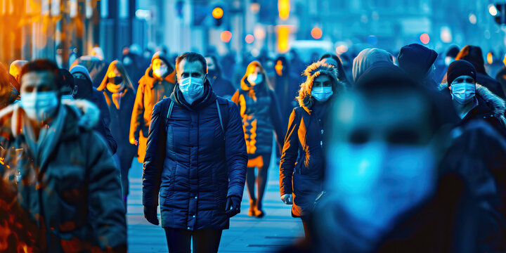 Anonymous crowd of people walking street wearing masks during covid 19 coronavirus pandemic