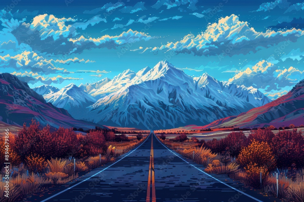 Poster a computer generated image of a mountain range with a road in the middle