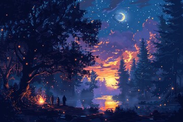 A forest at night with a group of people around a fire
