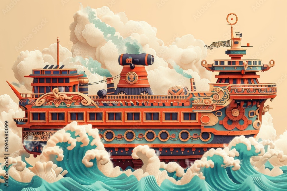 Poster a colorful ship with a clock on the front