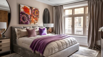 Inviting bedroom decor featuring elegant artwork and a big mirror