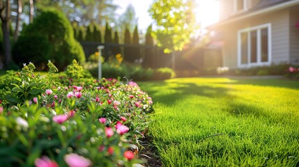Perfect manicured lawn and flowerbed with shrubs in sunshine, on a backdrop of residential house backyard. 