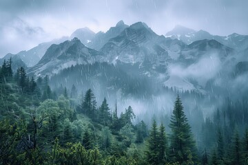 A mountain range covered in trees and snow