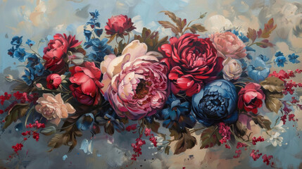 Vibrant Floral Symphony: Oil Painting of Colorful Blossoms and Foliage