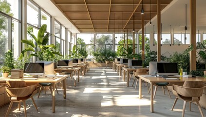 Fototapeta premium Modern Office Space with Natural Light and Greenery