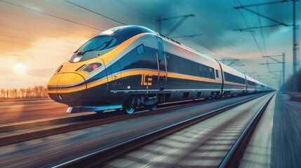 A modern high-speed train zooming through the countryside, illustrating efficient travel