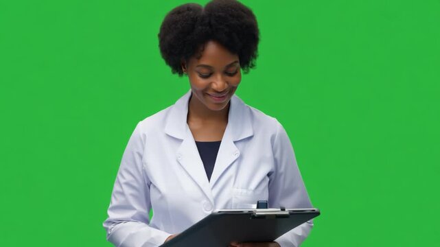 african doctor woman in a white coat, holding a clipboard and smiling confidently. Green screen backdrop. Soft, clinical lighting to emulate a hospital environment.