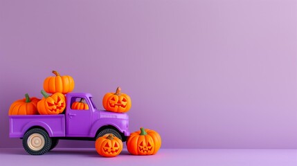 bright purple toy truck full of real orange jack o lantern pumpkins on a bright purple background for Halloween