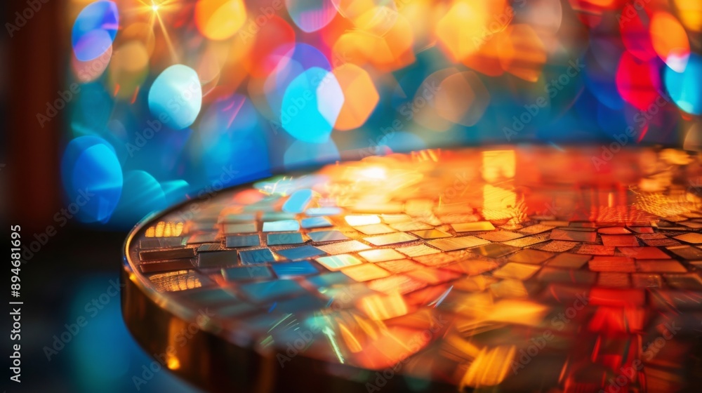Aufkleber A close-up of a mosaic table top with blurred colorful lights in the background. The table top is shiny and reflects the light.