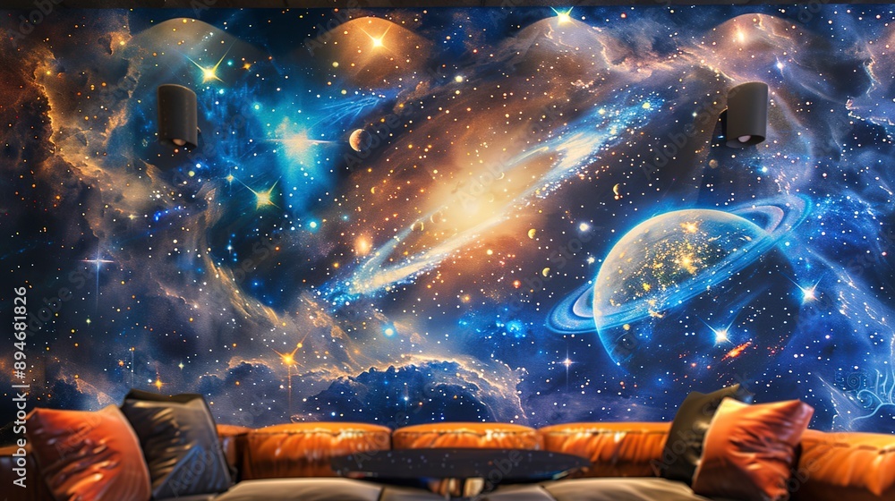 Poster embark on an intergalactic journey with a hyper-realistic mural depicting a cosmic expanse, where ga