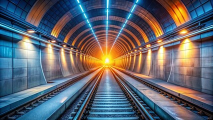 Naklejka premium Vibrant artificial lights illuminate a sleek modern subway tunnel, casting a warm glow on the sleek rails, walls, and polished concrete flooring ahead.