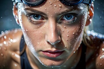 Sports swimming. Women's swim. An athlete wearing swimming glasses in a swimming pool at a close-up competition. The woman looks directly into the camera.