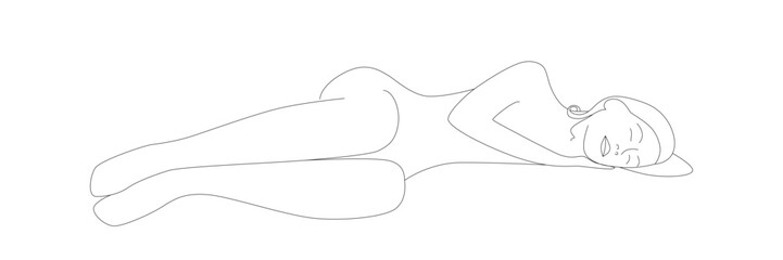 Sleeping woman body one single continuous line silhouette. Vector stock illustration isolated on white background for design template beauty and spa calendar, social media. Editable stroke.