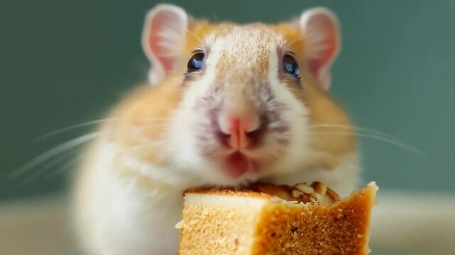 Close-up of cute gerbil nibbling on piece of bread