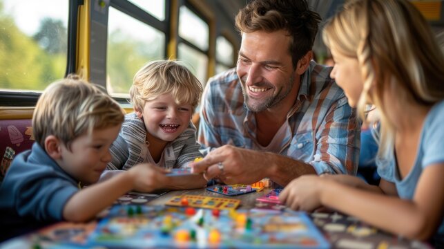 A family playing board games together on a train journey, showcasing fun and togetherness