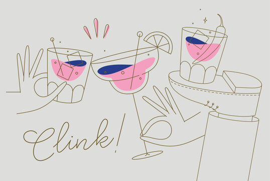 Cocktail glasses cheers for whiskey, vermouth, gin, martini, aperol, margarita in modern flat line style on beige background