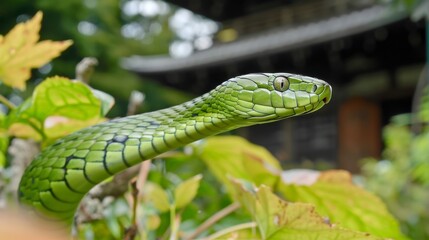 Obraz premium Green Snake in Natural Habitat with Temple Background