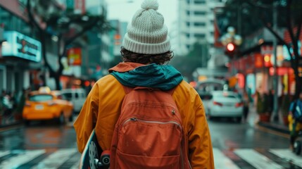 An Asian Malay Young Man Carrying A Skateboard, Crossing A City Street On A Weekend Morning