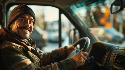 Obraz premium The delivery van driver portrait. Cheerful delivery man sitting in van. transport services and logistics - male driver driving a van. Genrative ai