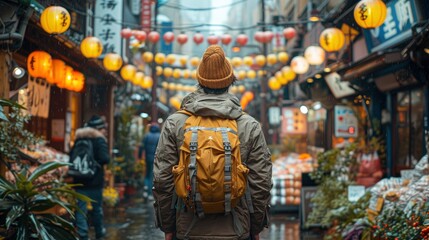 An Asian Man Walking At A Street Market, Enjoying The Vibrant Atmosphere