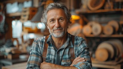 Fototapeta premium Middle-Aged Man in Woodworking Workshop
