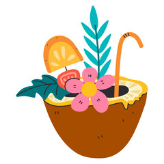 Fototapeta premium Summer coconut cocktail vector concept. Cold and refreshing drink for hot weather. Coconut with drink icons for menu, web and graphic design. Cartoon flat illustration isolated on white background