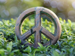 A beautifully detailed peace sign carved into a smooth stone, placed on a bed of lush green grass with a soft-focus background.