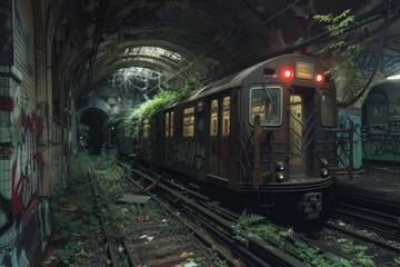 Obraz premium Abandoned Subway Station. An old, forgotten subway station, partially reclaimed by nature. Broken tiles and graffiti-covered walls are illuminated by flickering, eerie lights.