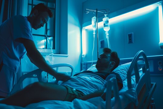 A male nurse is standing next to the bed of his patient who lies in a hospital room on medical oxygen and he strokes him gently with one hand while showing something, medium shot, blue color theme, in