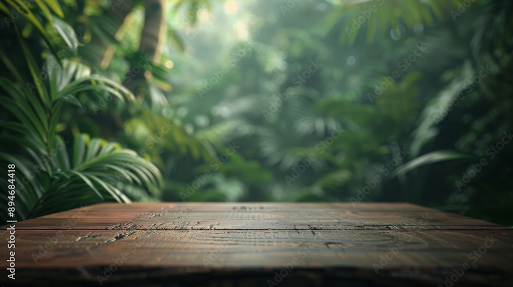 Poster a wooden table sits in front of a lush, green rainforest setting, creating a tranquil and inviting s