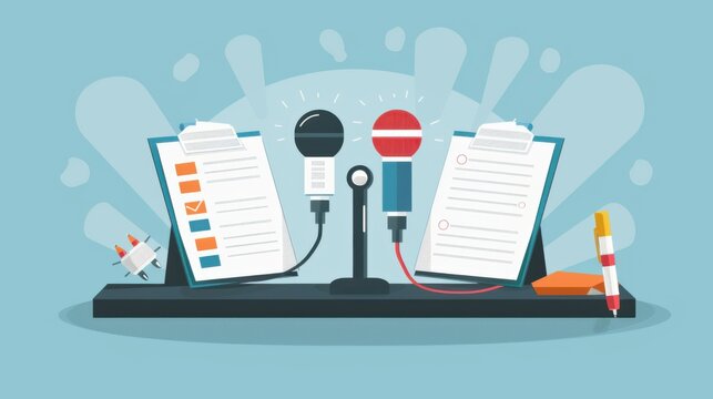 Elevate Your Debate: Tournament Essentials with Speech Notes, Microphones, and Scorecards on Light Blue Background