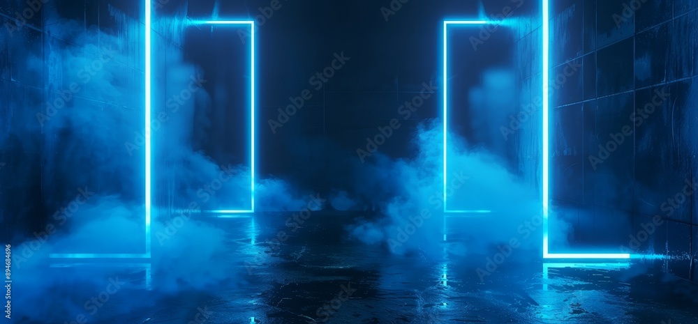 Poster in 3d simulation, a sci fi phantom with blue glowing neon lights over an abstract concrete texture, 