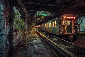 Naklejka premium Abandoned Subway Station. An old, forgotten subway station, partially reclaimed by nature. Broken tiles and graffiti-covered walls are illuminated by flickering, eerie lights.