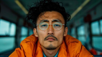 Fototapeta premium An Asian Young Man Traveling By Ferry Boat, Enjoying The Ride