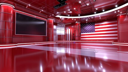 An American flag. A TV studio. An American flag background. Background for an election program for the USA. An American flag background. An American flag background. 3D render.