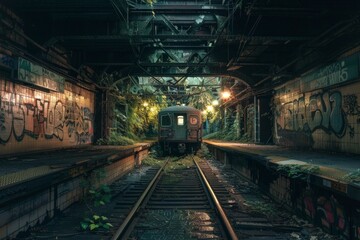 Abandoned Subway Station. An old, forgotten subway station, partially reclaimed by nature. Broken tiles and graffiti-covered walls are illuminated by flickering, eerie lights.