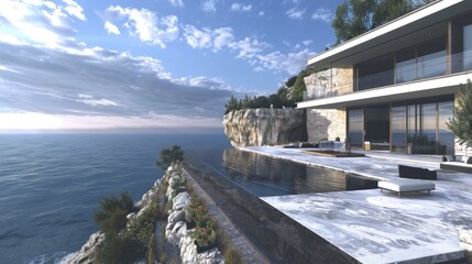 Obraz premium A modern cliffside mansion with an infinity pool extending over the edge