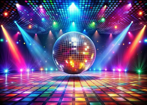 Vibrant lights illuminate a nostalgic concert stage, complete with a giant shimmering mirrored disco ball, flashy colorful lights, and a sleek retro-fashioned dance floor.
