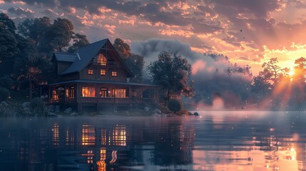 Fototapeta premium House by the lake at sunrise, foggy morning. In anime style 